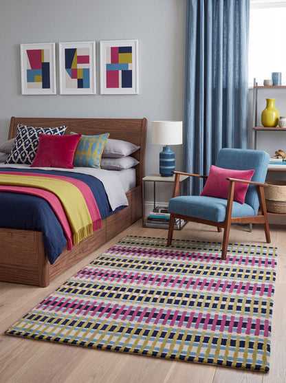Magenta Pink & Lime Green Striped Tufted Carpet, Retro Geometric Living Room Floor Rug