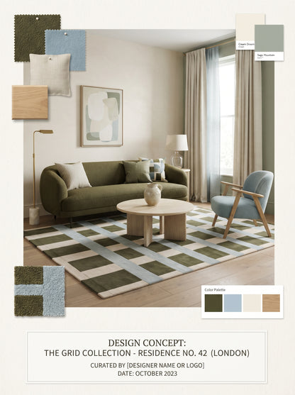 Blue Green Ivory Grid Pattern Designer Wool Carpet, Hand Tufted Wool Carpet