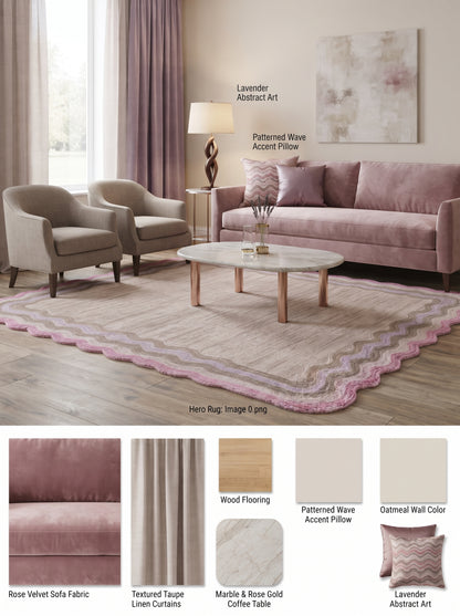 Hand Tufted Wool Carpet, Pink Scalloped Rug, Custom Shape Area Rug