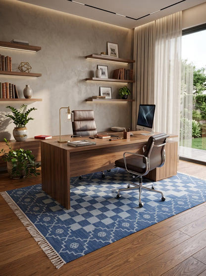 Cornflower Checkered Medallion Geometric Stepped Diamond Border Flatweave rug
