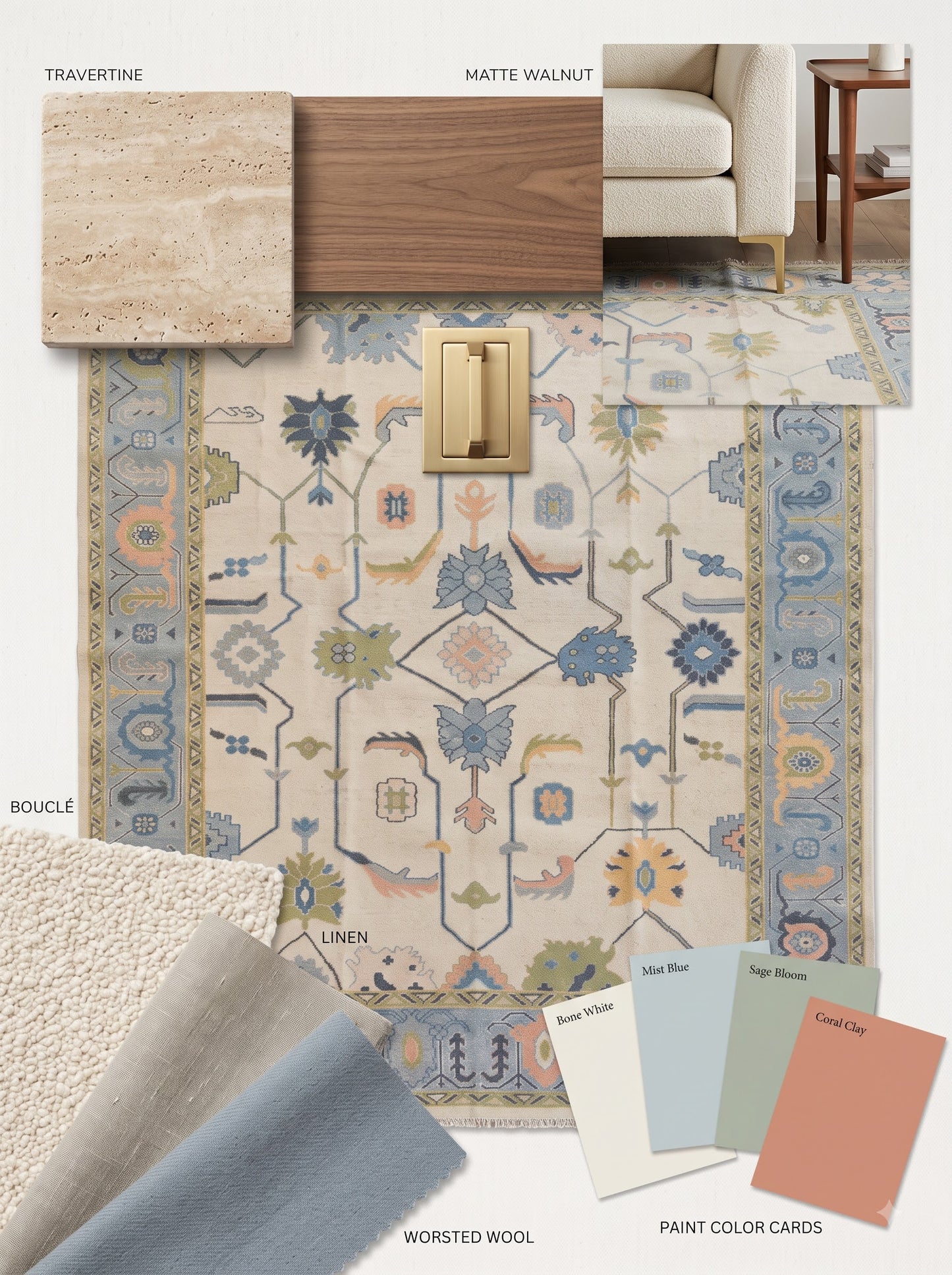 Handmade Wool Oushak Rug Sea Blue Border Floral Design Carpet