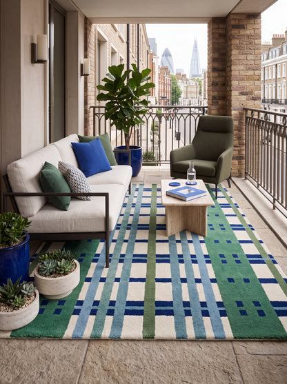 Emerald Green, Slate Blue & Cream Geometric Plaid Carpet, Luxury Contemporary Living Room Wool Rug