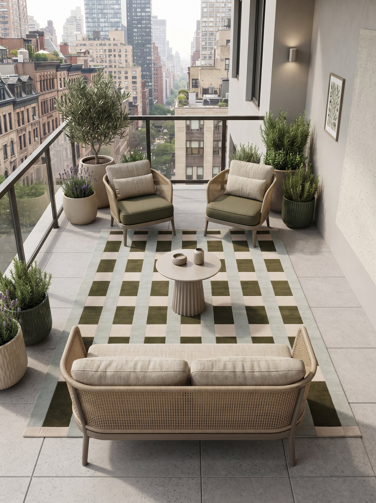 Blue Green Ivory Grid Pattern Designer Wool Carpet, Hand Tufted Wool Carpet