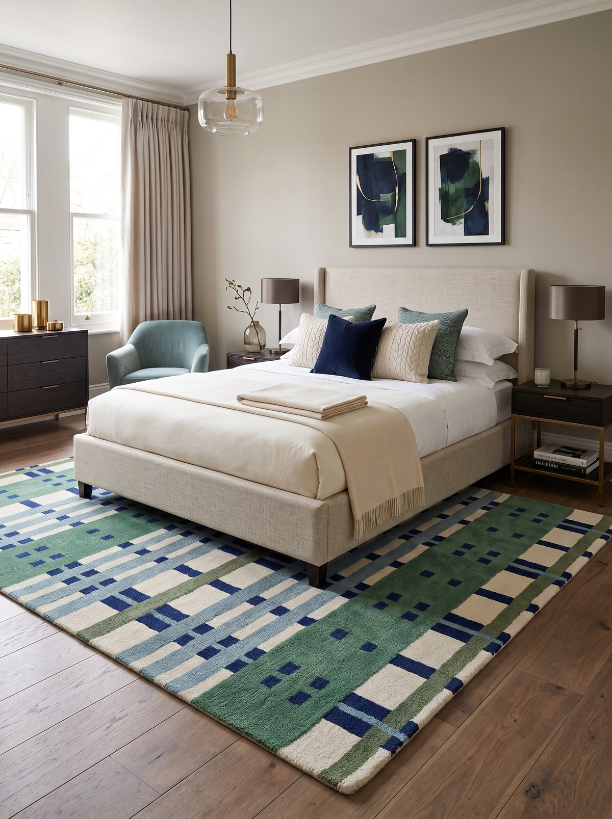 Emerald Green, Slate Blue & Cream Geometric Plaid Carpet, Luxury Contemporary Living Room Wool Rug