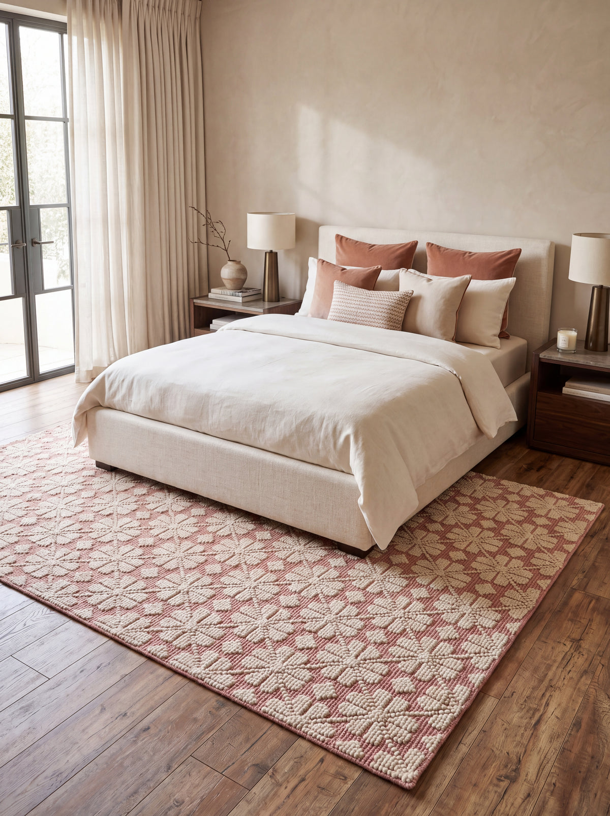 Pink Ivory Hand Tufted Wool Rug Contemporary Floral Living Room Rug | Bespoke Designer Wool Carpet