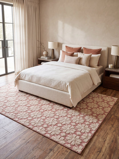 Pink Ivory Hand Tufted Wool Rug Contemporary Floral Living Room Rug | Bespoke Designer Wool Carpet