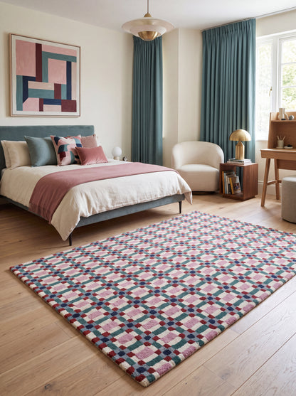 Pastel Pink & Green Checkered Rug, Modern Geometric Grid Living Room Carpet