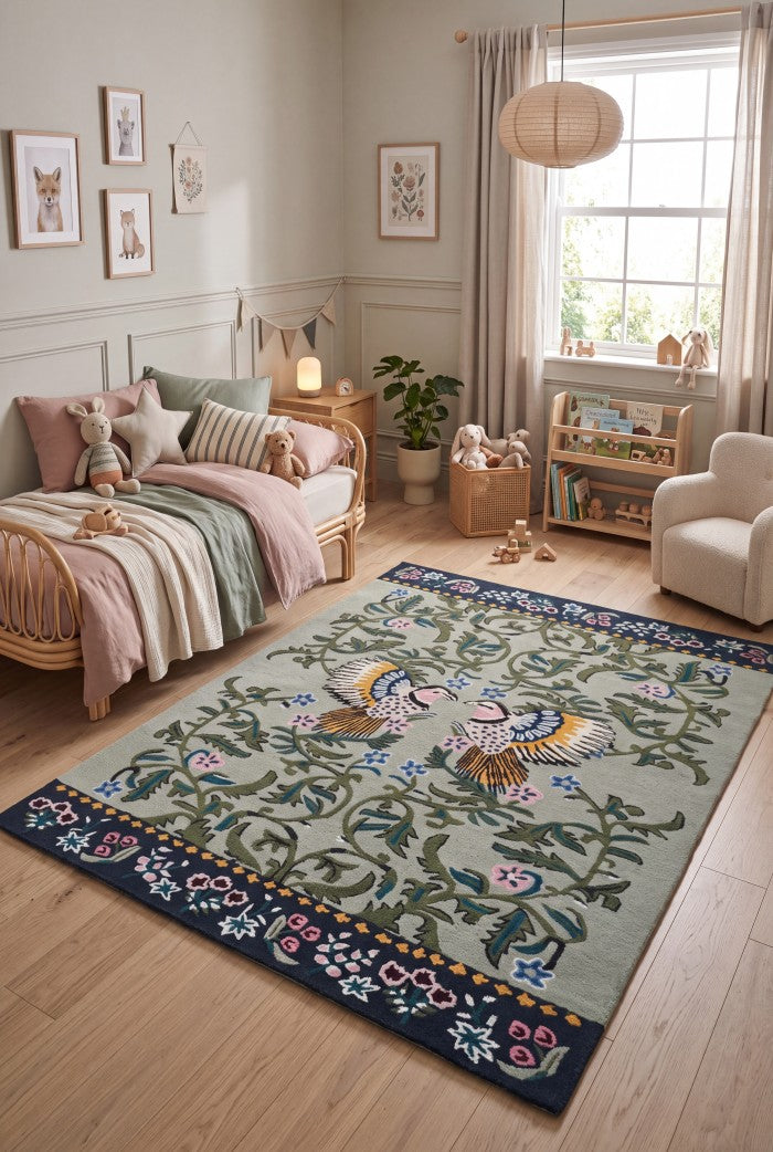 Hand-Tufted Wool Rug, Bird Floral Carpet, Nature-Inspired Area Rug, Custom-Size Wool Rug