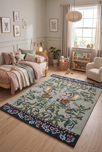 Hand-Tufted Wool Rug, Bird Floral Carpet, Nature-Inspired Area Rug, Custom-Size Wool Rug