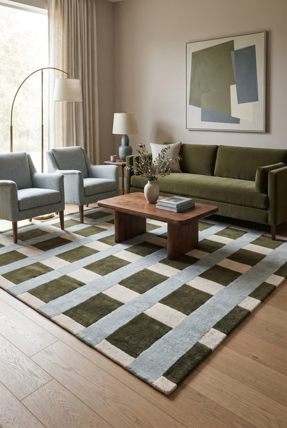 Blue Green Ivory Grid Pattern Designer Wool Carpet, Hand Tufted Wool Carpet
