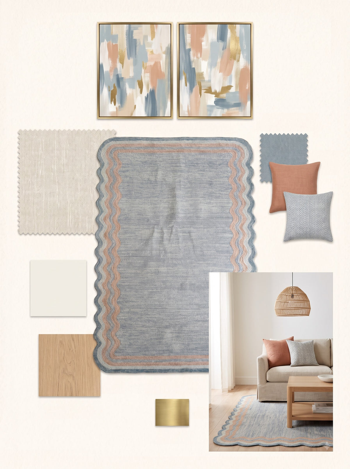 Hand Tufted Wool Carpet, Scalloped Border Rug, Modern Blue Area Rug