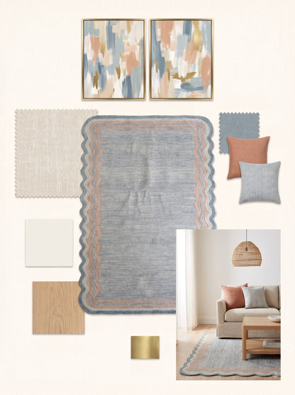 Hand Tufted Wool Carpet, Scalloped Border Rug, Modern Blue Area Rug