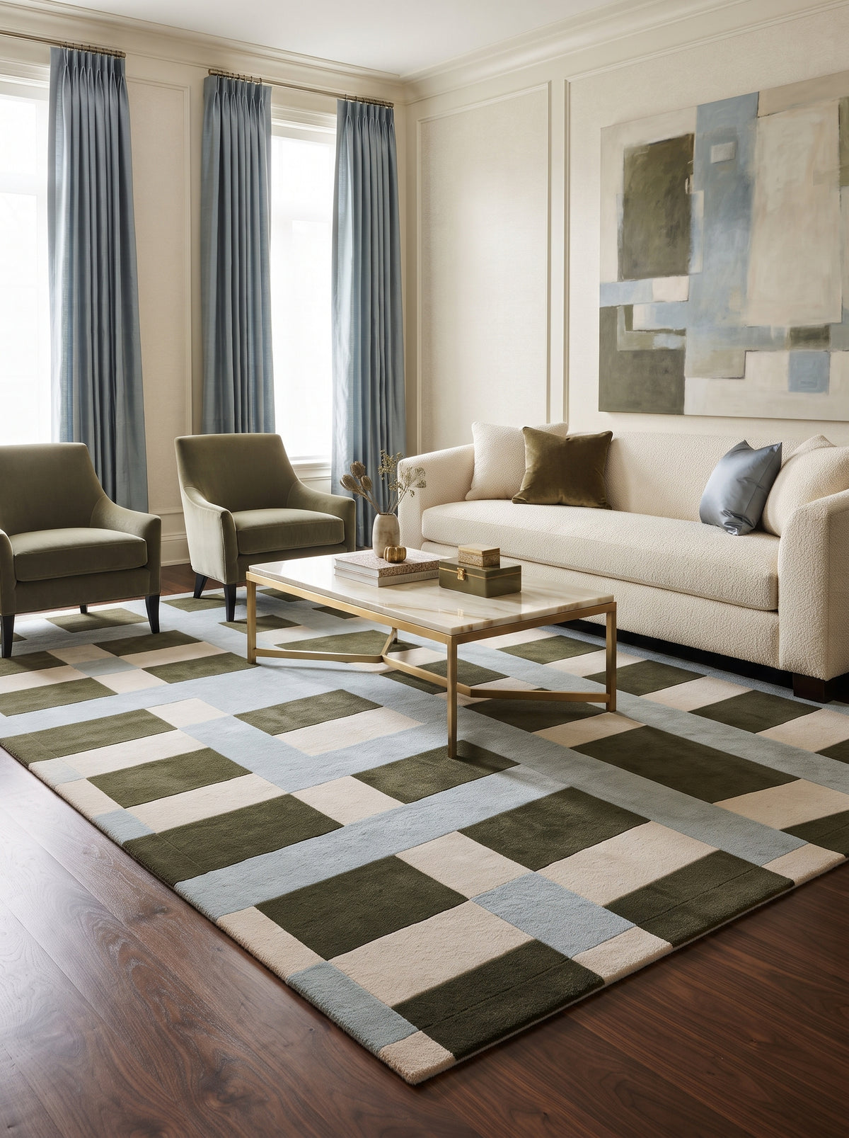 Blue Green Ivory Grid Pattern Designer Wool Carpet, Hand Tufted Wool Carpet