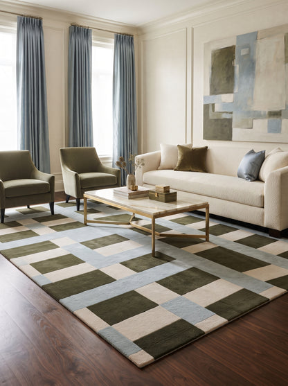 Blue Green Ivory Grid Pattern Designer Wool Carpet, Hand Tufted Wool Carpet