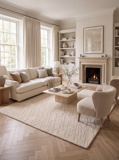 Hand-Tufted Wool Area Rug, Beige Minimalist Carpet, Contemporary Abstract Rug