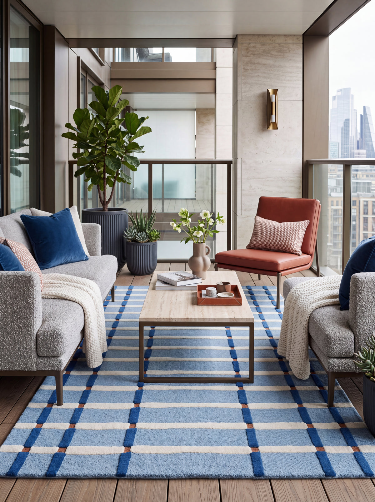 Powder Blue & Ivory Tartan Carpet, Aesthetic Coastal Checkered Tufted Rug for Living Room