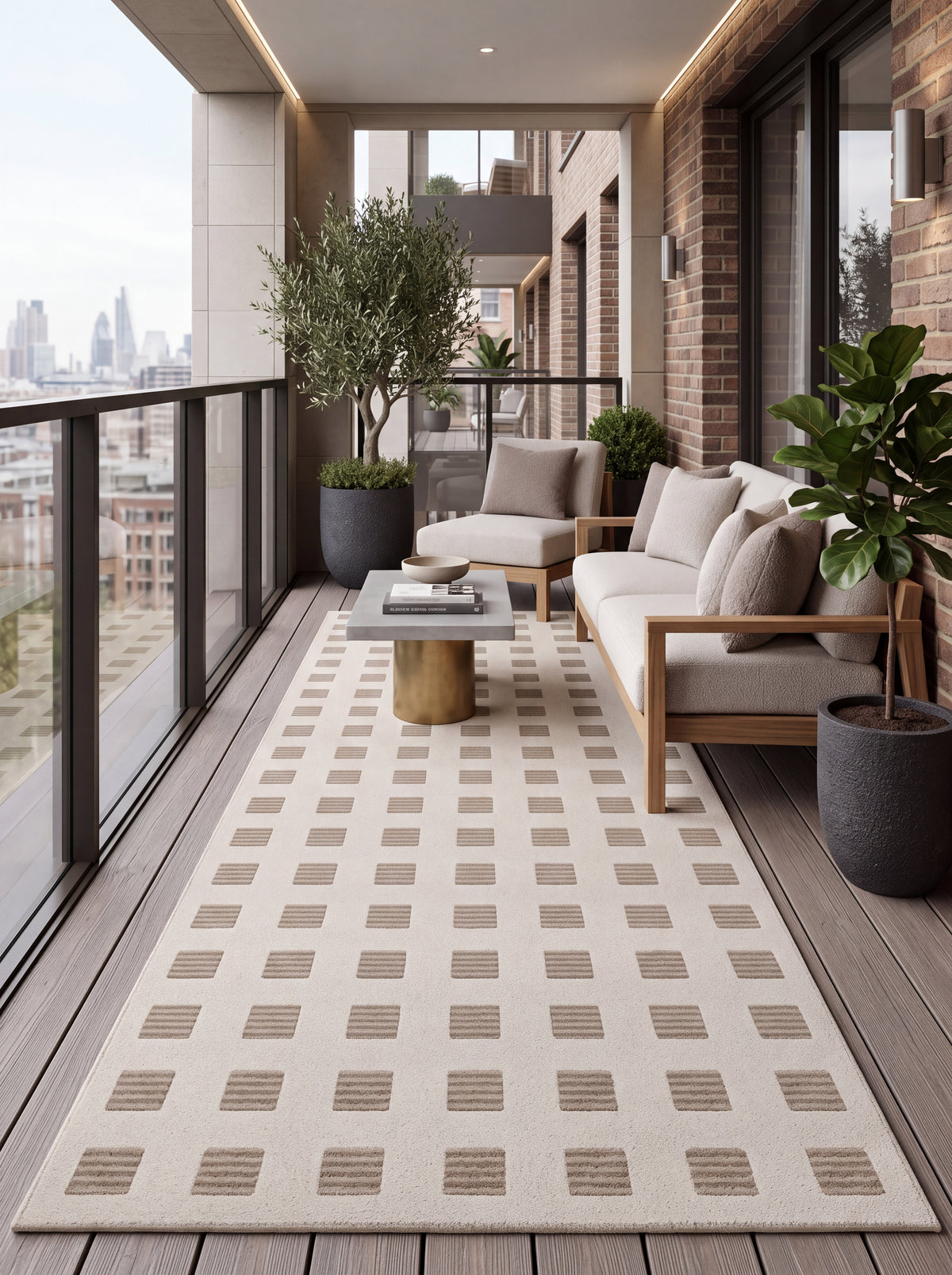 Modern Organic Grid Tufted Rug Handmade Wool Ivory Taupe Carpet