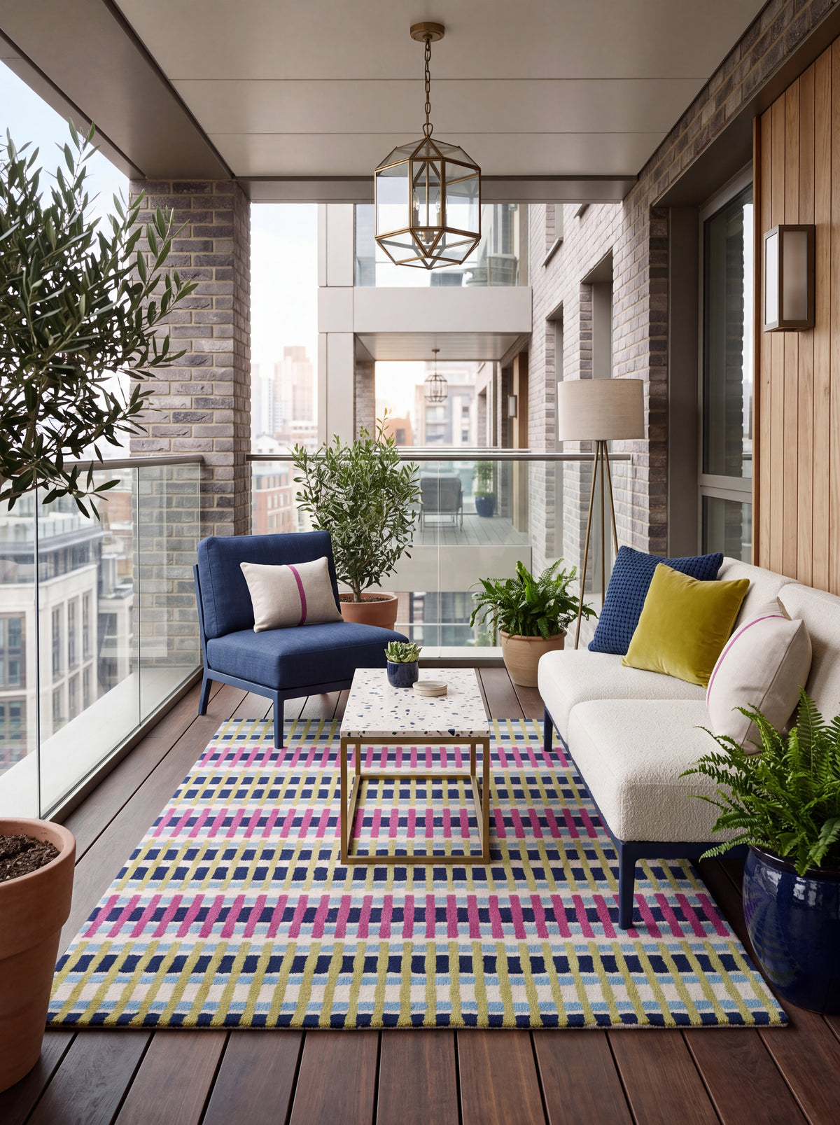 Magenta Pink & Lime Green Striped Tufted Carpet, Retro Geometric Living Room Floor Rug