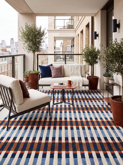 Bauhaus Barcode Hand-Tufted Wool Rug Navy Blue Terracotta & Cream Linear Block Carpet