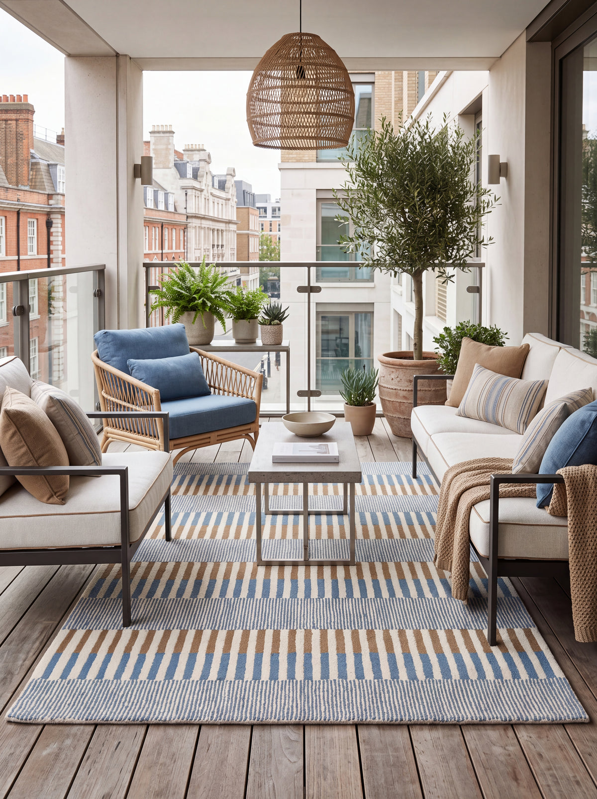 Coastal Horizon Hand-Tufted Wool Rug - Light Blue, Caramel & Cream Block Striped Carpet