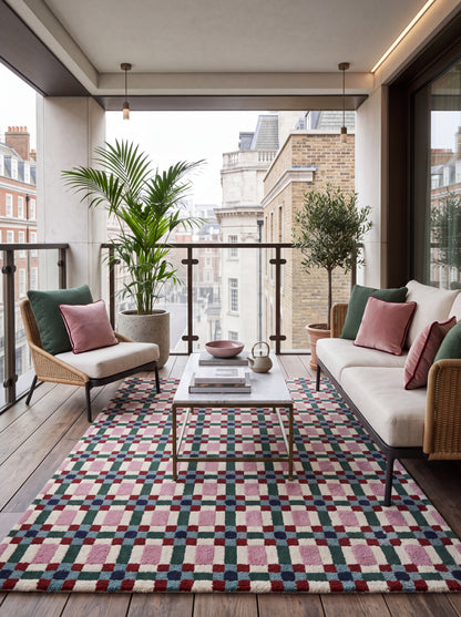 Pastel Pink & Green Checkered Rug, Modern Geometric Grid Living Room Carpet