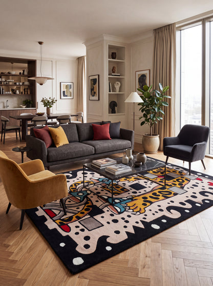 Hand-Tufted Wool Leopard Rug, Maximalist Animal Art Carpet
