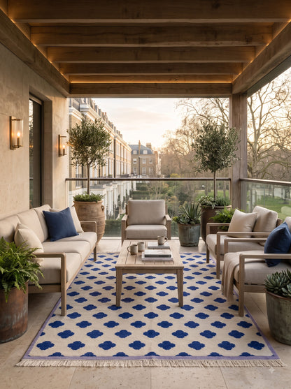 Premium Neutral Blue Geometric Wool Oushak Rug