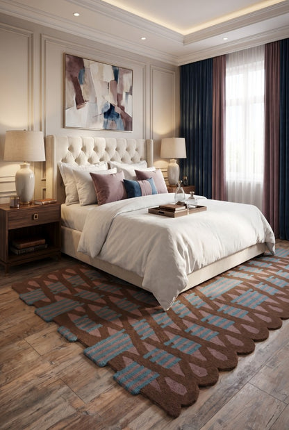 Scalloped Edge Geometric Rug, Brown Teal & Blush Modern Abstract Tufted Area Rug