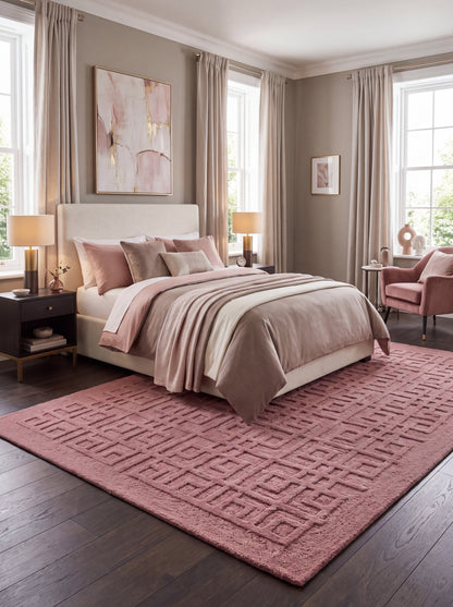 Dusty Rose Pink Nursery Rug, 3D Carved Geometric Living Room Carpet
