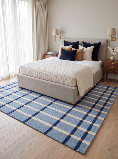 Powder Blue & Ivory Tartan Carpet, Aesthetic Coastal Checkered Tufted Rug for Living Room