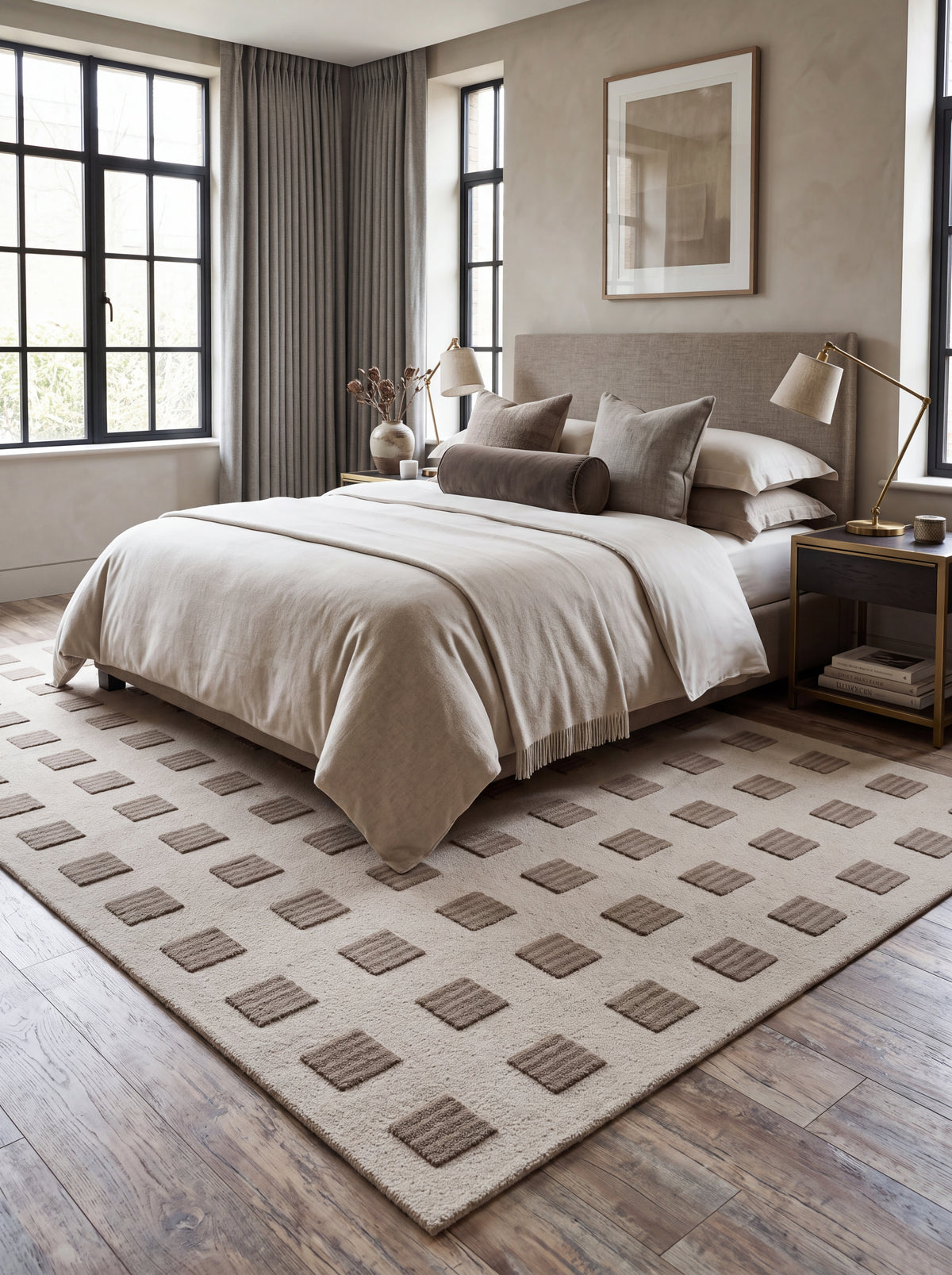 Modern Organic Grid Tufted Rug Handmade Wool Ivory Taupe Carpet