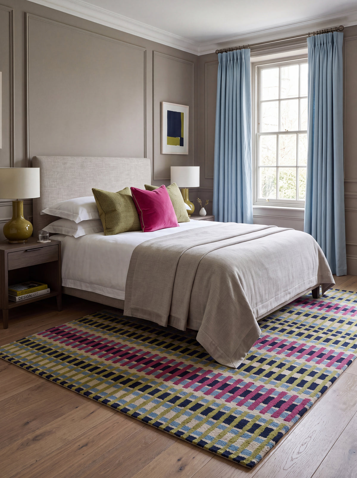 Magenta Pink & Lime Green Striped Tufted Carpet, Retro Geometric Living Room Floor Rug