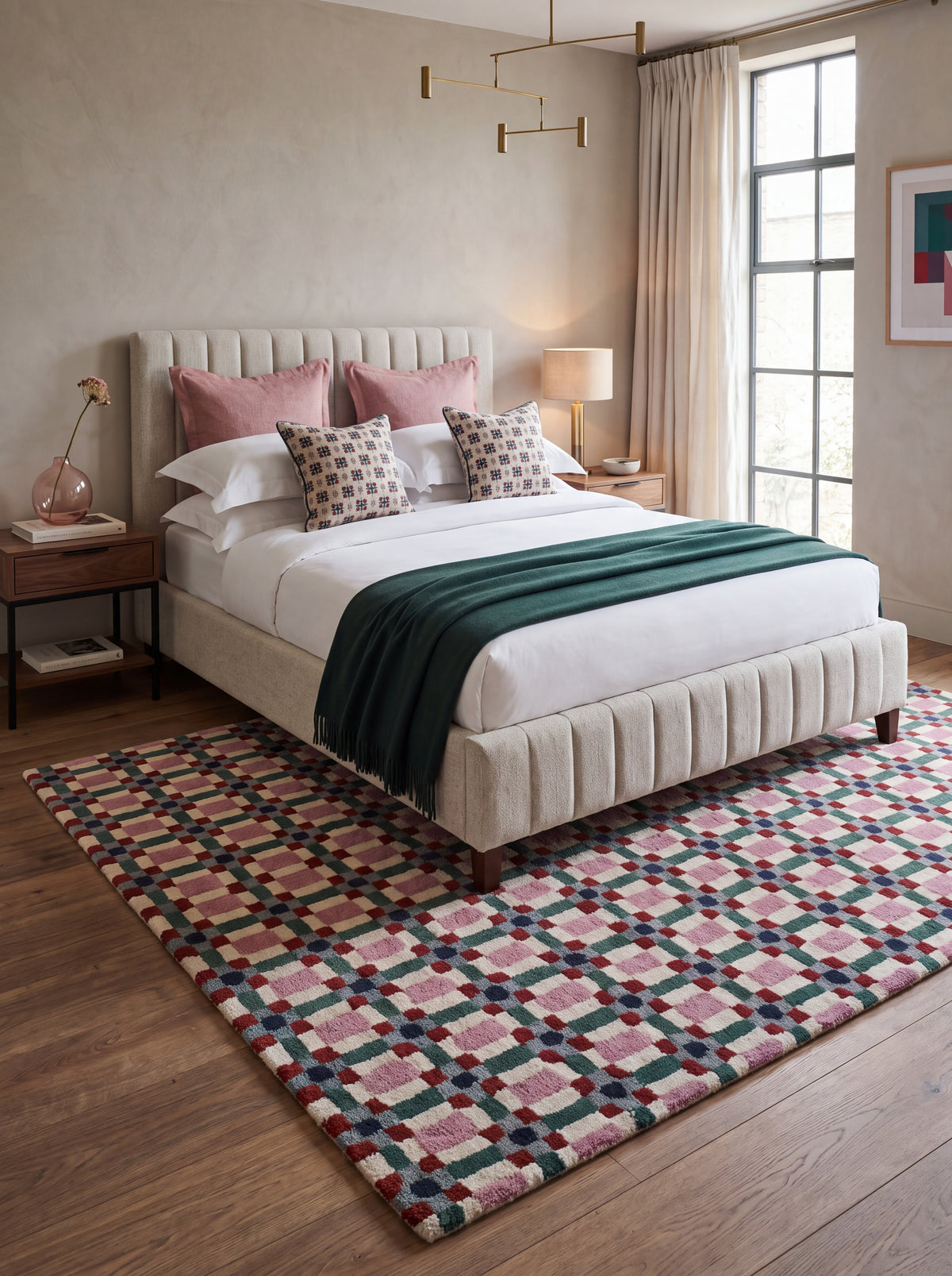 Pastel Pink & Green Checkered Rug, Modern Geometric Grid Living Room Carpet