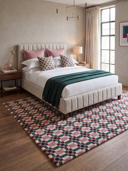 Pastel Pink & Green Checkered Rug, Modern Geometric Grid Living Room Carpet