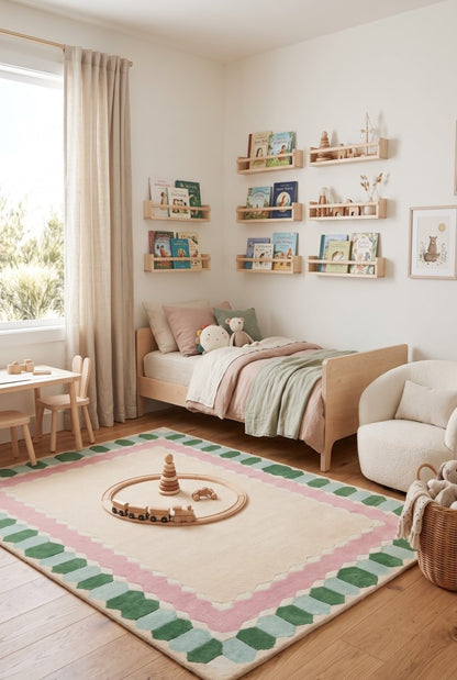 Geometric Border Carpet, Pink Green Area Rug, Nursery Living Room, Bedroom Tufted Rug