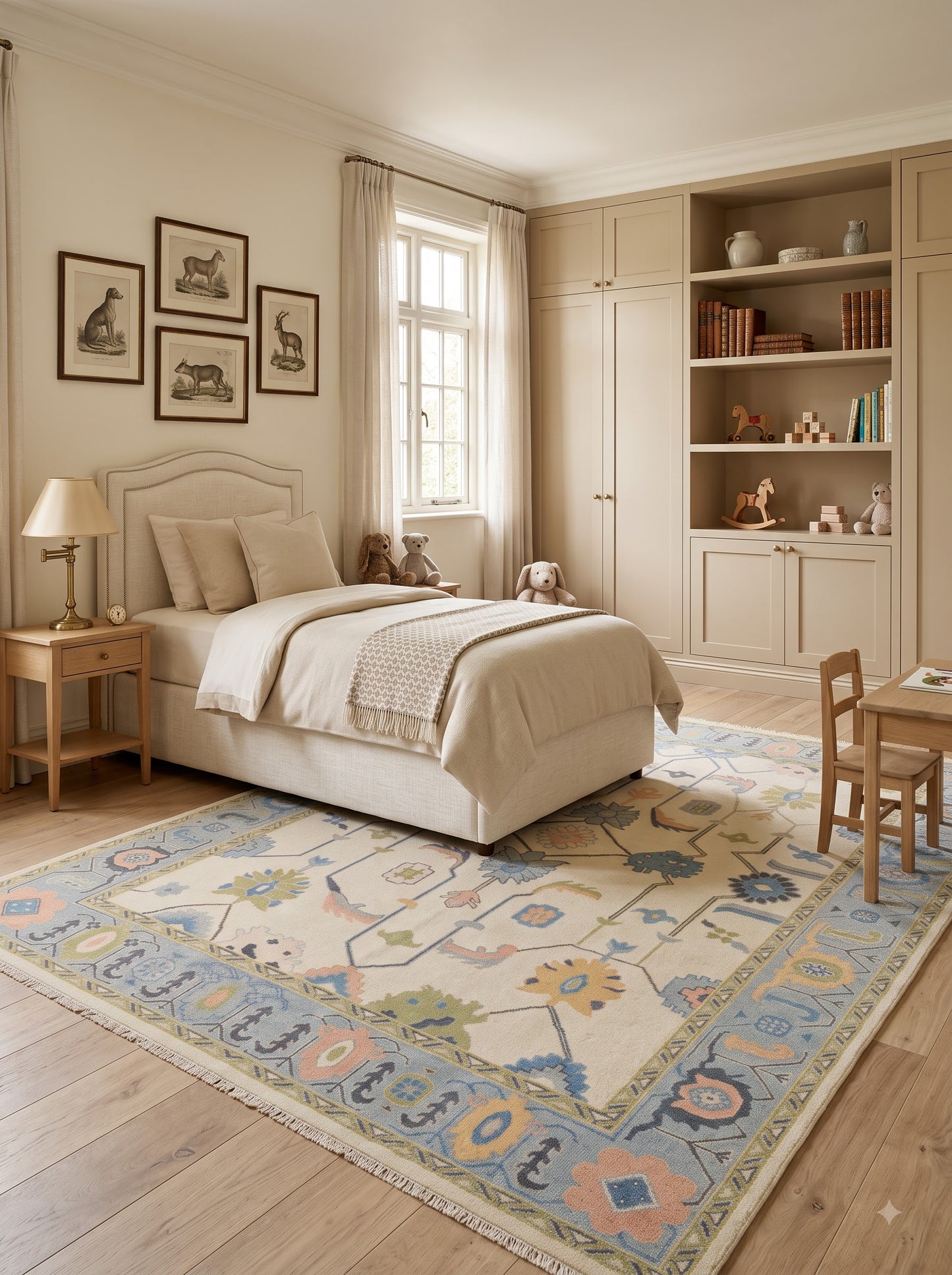 Handmade Wool Oushak Rug Sea Blue Border Floral Design Carpet