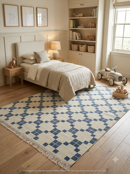 Hand-Knotted Wool Oushak Carpet, Blue And White Geometric Area Rug