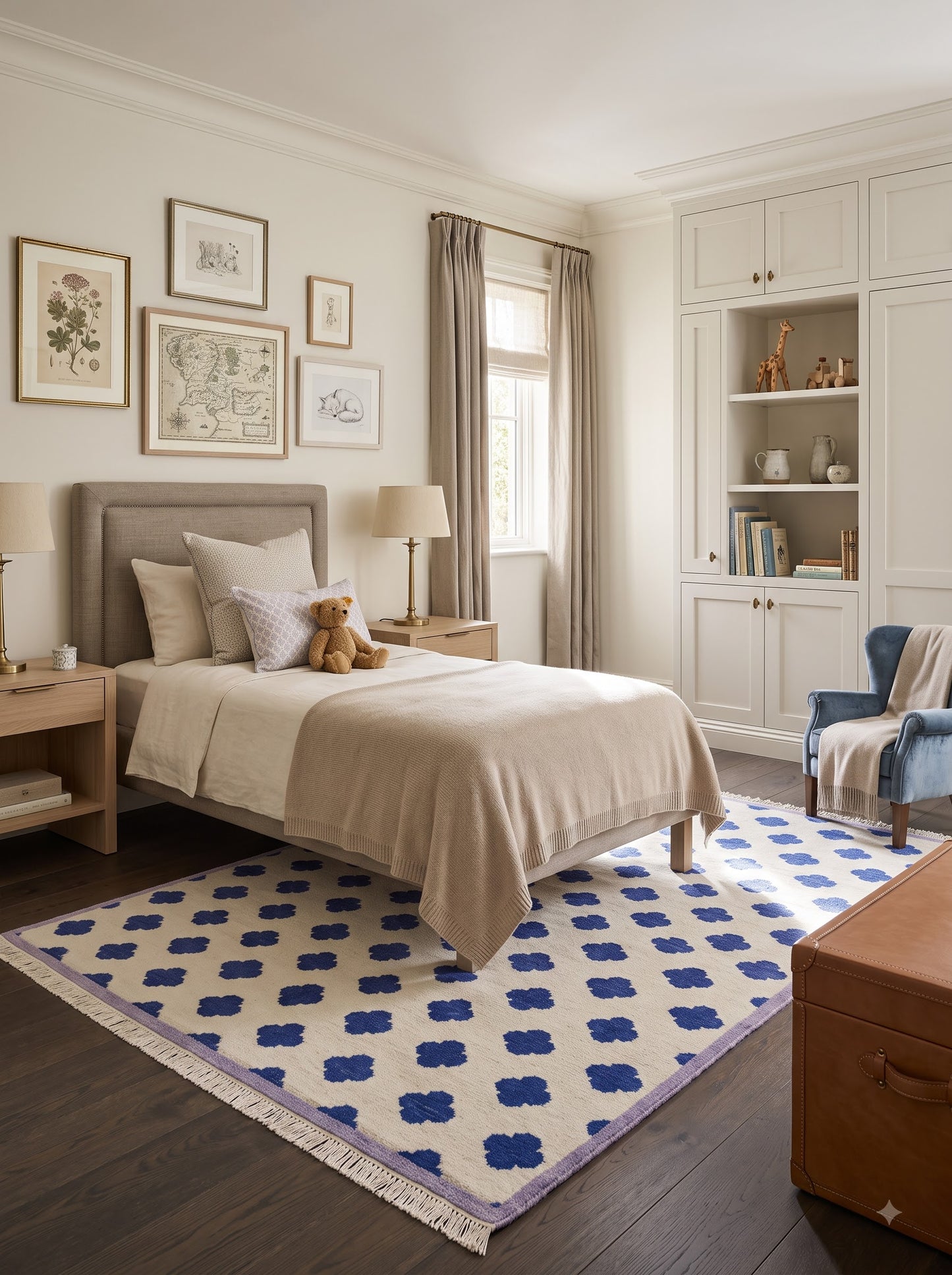 Premium Neutral Blue Geometric Wool Oushak Rug
