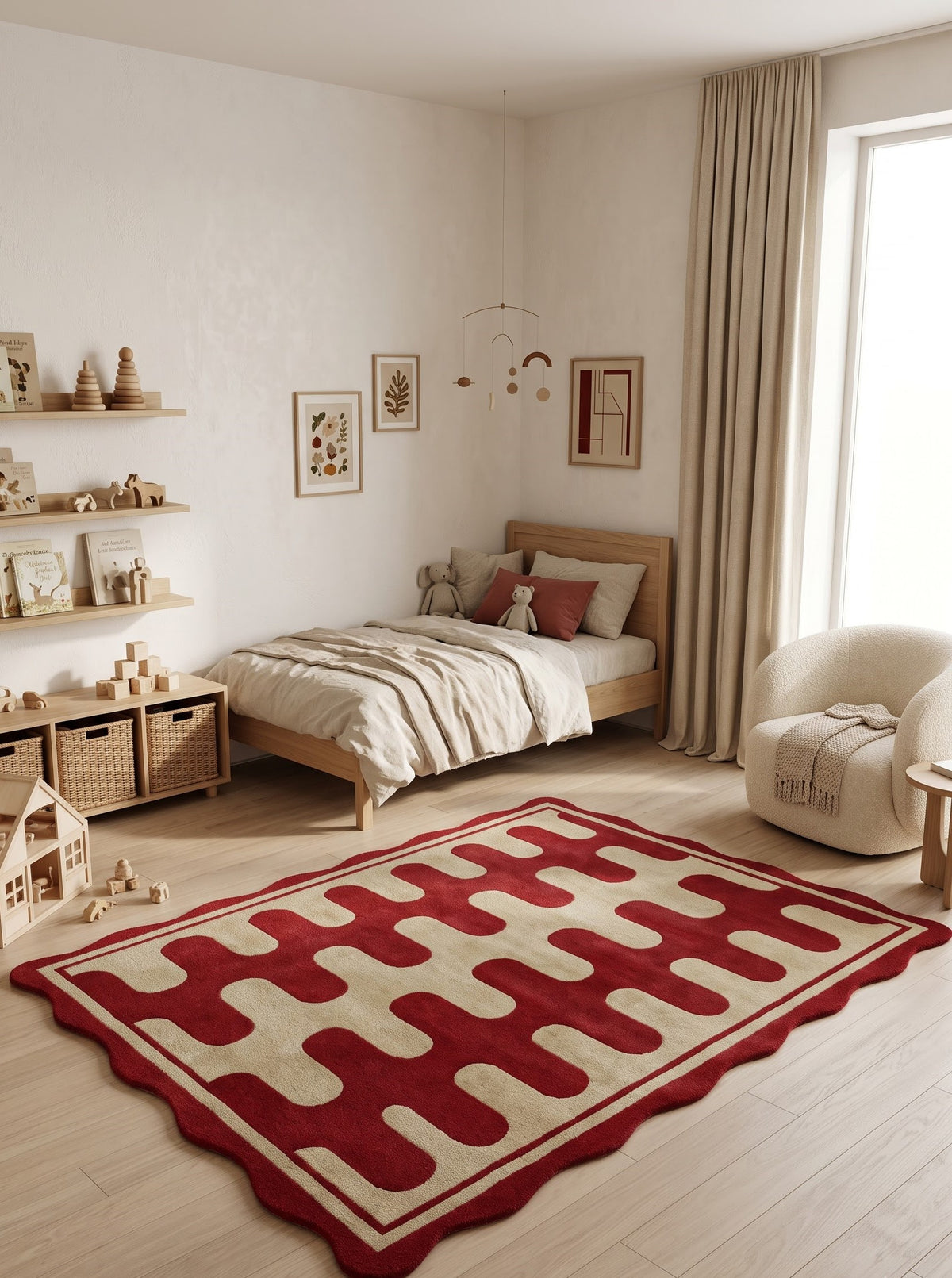 Hand Tufted Wool Rug, Red Cream Geometric Carpet, Wavy Scalloped Border Area Rug
