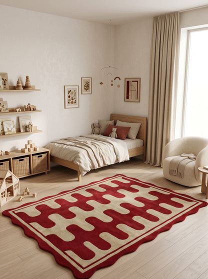 Hand Tufted Wool Rug, Red Cream Geometric Carpet, Wavy Scalloped Border Area Rug