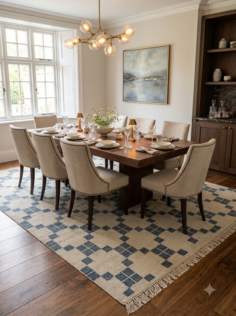Hand-Knotted Wool Oushak Carpet, Blue And White Geometric Area Rug