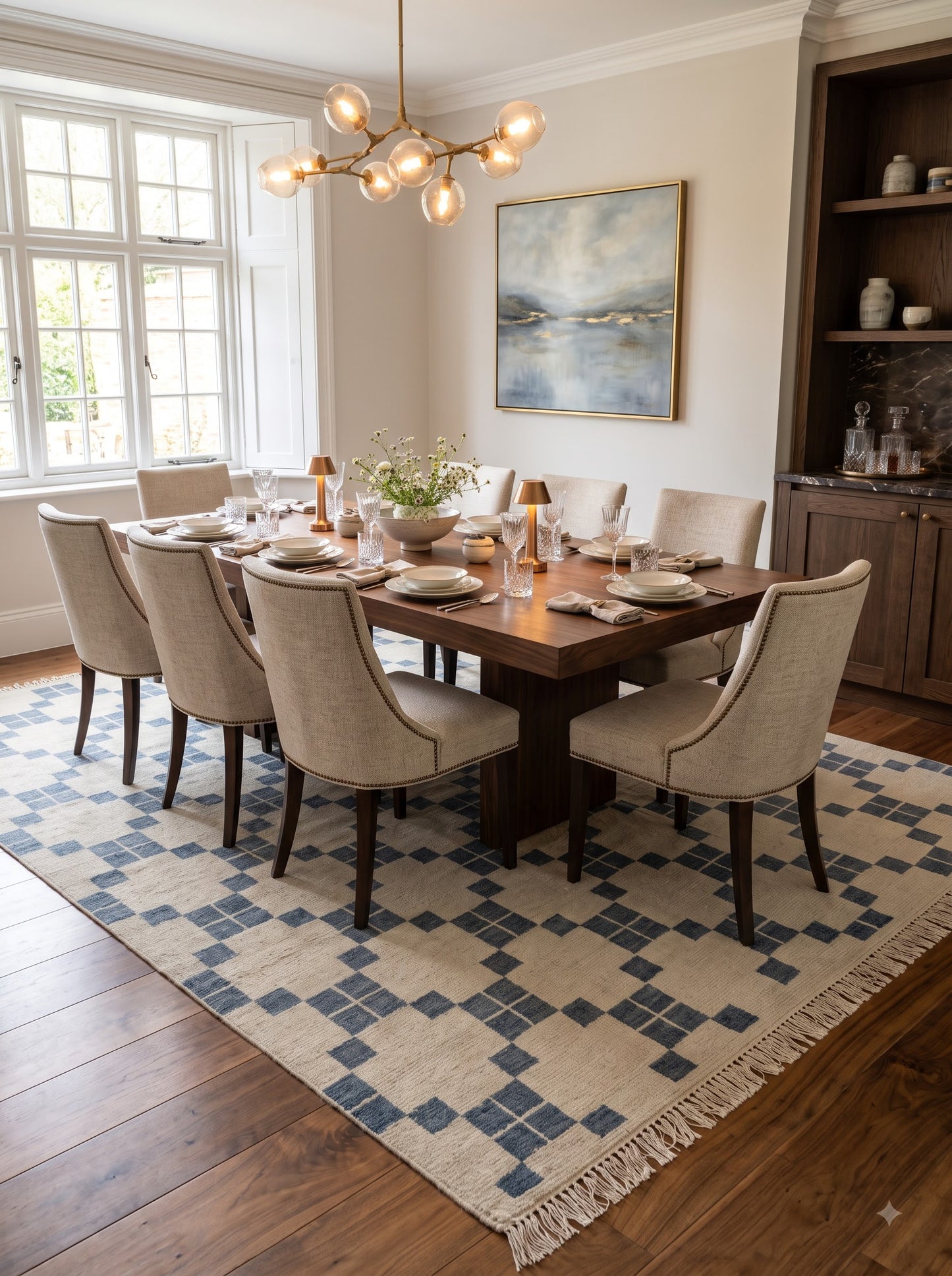 Hand-Knotted Wool Oushak Carpet, Blue And White Geometric Area Rug
