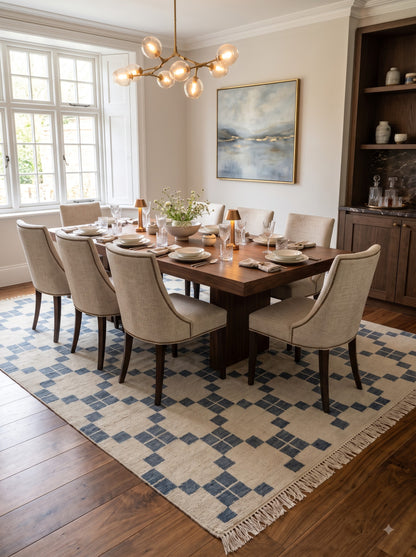 Hand-Knotted Wool Oushak Carpet, Blue And White Geometric Area Rug