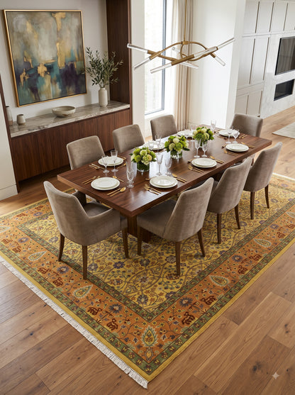 Hand-Knotted Wool Oushak Rug Gold Yellow Floral Carpet Rust Orange Border