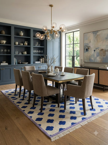 Premium Neutral Blue Geometric Wool Oushak Rug