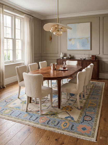 Handmade Wool Oushak Rug Sea Blue Border Floral Design Carpet