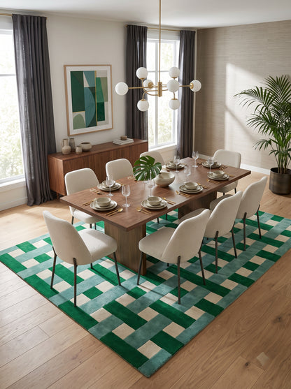 Hand Tufted Wool Carpet, Green, Basketweave, Geometric, Modern Area Rug