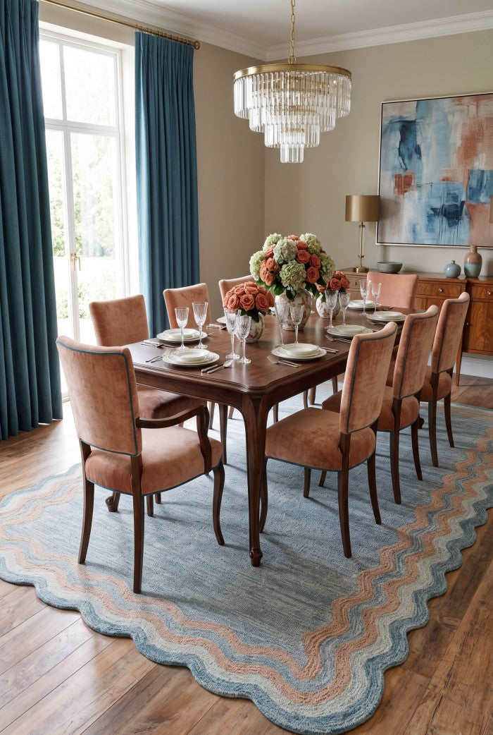 Hand Tufted Wool Carpet, Scalloped Border Rug, Modern Blue Area Rug