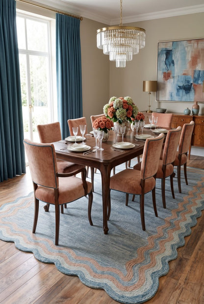 Hand Tufted Wool Carpet, Scalloped Border Rug, Modern Blue Area Rug