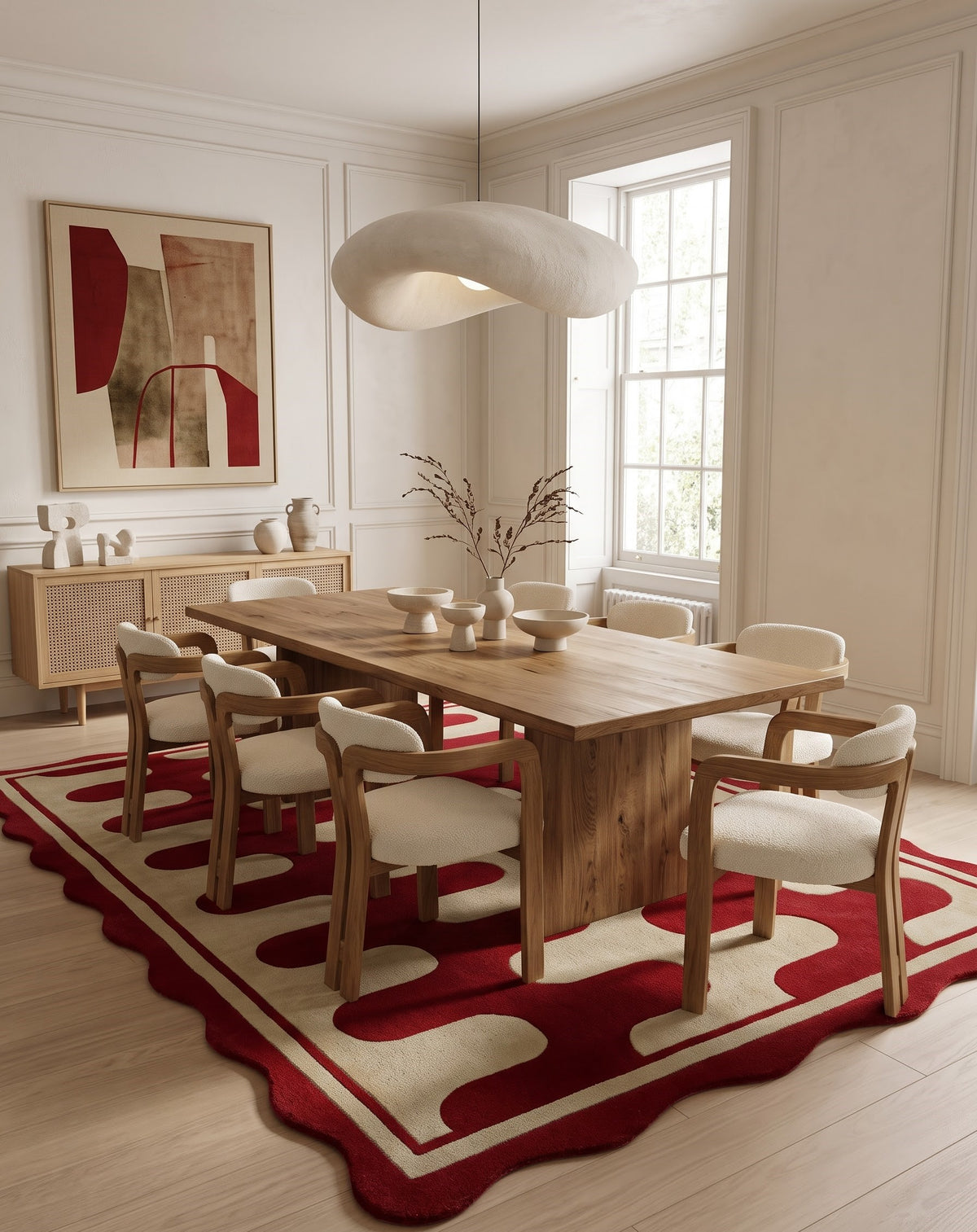 Hand Tufted Wool Rug, Red Cream Geometric Carpet, Wavy Scalloped Border Area Rug